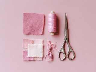 Flat lay of crafting leftovers: Pink sewing materials including fabric squares, thread, and scissors—perfect for craft tutorials, DIY projects, or handmade product photography.