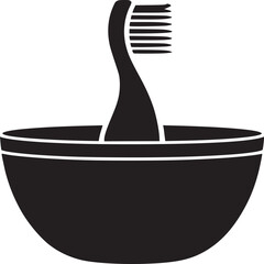 A black toothbrush standing upright in a black cup against a white background in a minimalist style