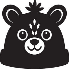A stylized black bear head with white details on a white background in a minimalist design style