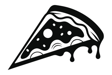 Black Silhouette of Pizza Slice with Dripping Cheese, Toppings, Crust, Isolated Graphic