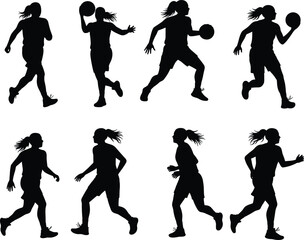 Set of eight female athlete silhouettes, diverse women in dynamic poses, running and playing basketball, flat vector illustration isolated on a white background