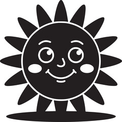 Black and white cartoon sun with a smiling face and sun rays radiating outward from its circular body