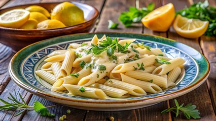 Penne Rigate al Limone – pasta, lemon cream sauce, herbs, coastal Italian pottery plate