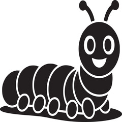A cartoon caterpillar with a smiling face and antennae in black and white simple vector illustration