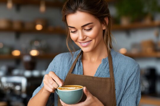 Smiling barista preparing cappuccino with latte art in coffee shop - Powered by Adobe