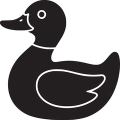 A black and white illustration of a rubber duck with a white outline on a plain white background