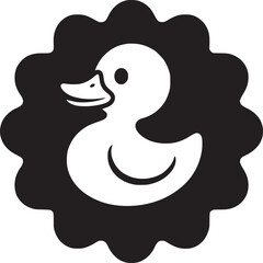 A white duck icon inside a black wavy circle on a white background in a simple illustration style