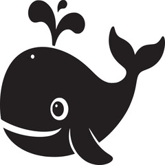 A black and white graphic of a cartoon whale spouting water from its blowhole on a white background