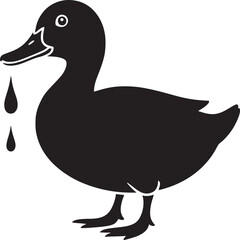Illustration of a black duck with water droplets dripping from its beak on a white background