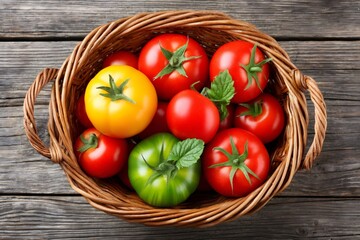 Fresh red, green and yellow tomatoes with mint leaves in a wicker basket on rustic wooden table
