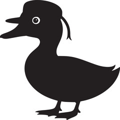 Silhouette of a duck with a tuft on its head standing on a white background in a simple design