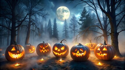 Spooky carved pumpkin jackolanterns glowing with light in a dark forest at night under a full moon