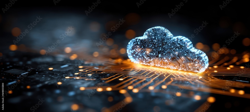Poster the cloud of glowing particles on a futuristic circuit board representing digital data