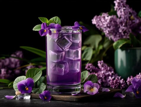 Homemade drink cold violet lemonade with herbs and ice cubes in a glass isolated on a black background