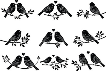 Set of vector bird silhouettes in various flying and standing poses