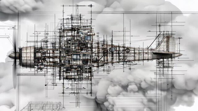 Intricate design of a vintage aircraft with cloud background