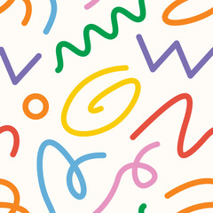 doodle seamless pattern fun colorful line elements. Creative color childish minimalist style. background pattern for children. trendy design with basic bright shapes.