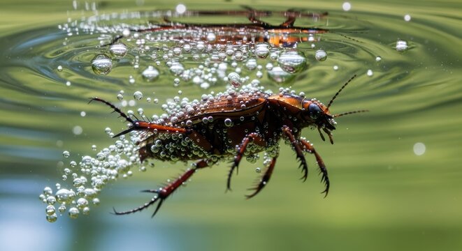 Water strider beetle in motion surrounded by bubbles on calm water surface - Powered by Adobe