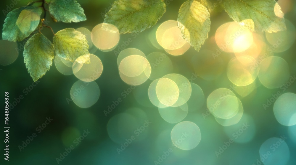 Poster sunlight filtering through lush green leaves creating stunning bokeh light effects in nature
