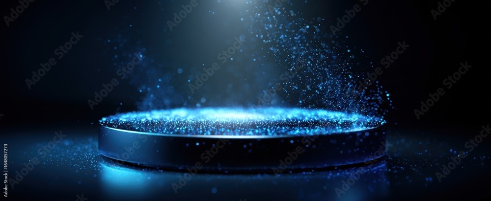 Poster the circular platform bathed in blue light with floating particle effects