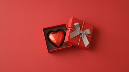 Red gift box with heart chocolate valentine present love romance anniversary surprise celebration holiday