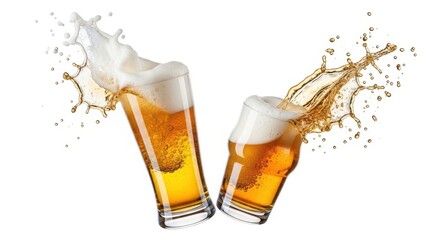 Two tilted glasses of beer splashing with foam isolated on white background