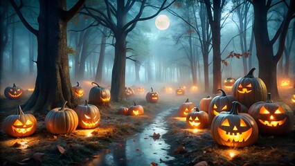 Enchanting halloween scene with glowing jackolanterns lining a misty forest path under the moonlight