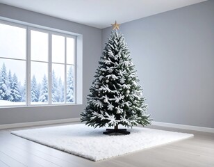 Snowy Christmas Tree in Room.
