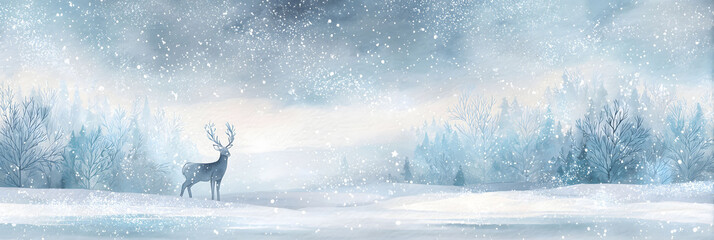 Dreamy Watercolor Winter Wonderland with Deer &ndash; Icy Christmas Landscape Background