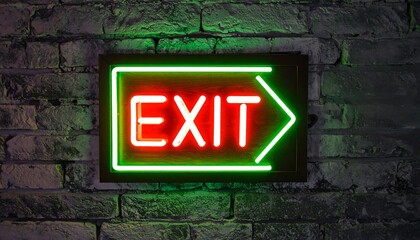 Glowing Neon Exit Sign on Aged Brick Wall with Green Tinted Lighting