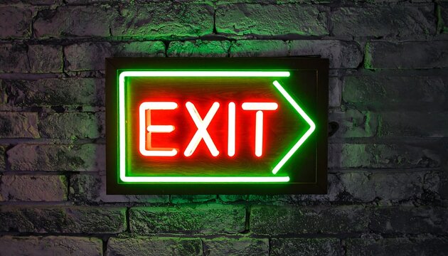Glowing Neon Exit Sign on Aged Brick Wall with Green Tinted Lighting