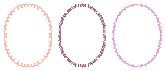 Collection of oval frames with hand drawn lines, curves, scalloped edges, doodle sketches. Isolated elements for invitation, card, poster, template, banner, label, and design projects.