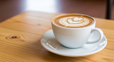 Fototapeta premium Closeup of a white cup of latte coffee with art on a wooden table