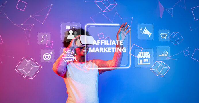 A young adult engages with virtual reality to explore innovative marketing strategies. The image signifies the future of affiliate marketing in a digital landscape. XDMCP