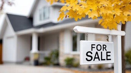 Cozy suburban home with for sale sign and fall foliage nearby