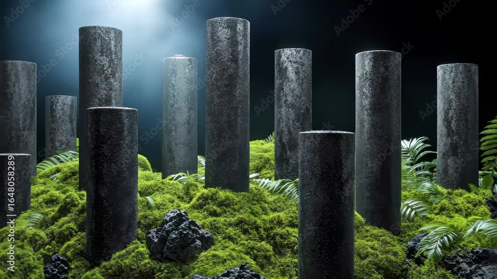 Poster abstract environment with cylindrical structures surrounded by lush greenery
