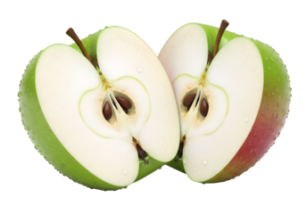 Realistic 3D green apple, half-cut juicy fruit with seeds, transparent PNG background, healthy food isolated, high-quality 3D rendering