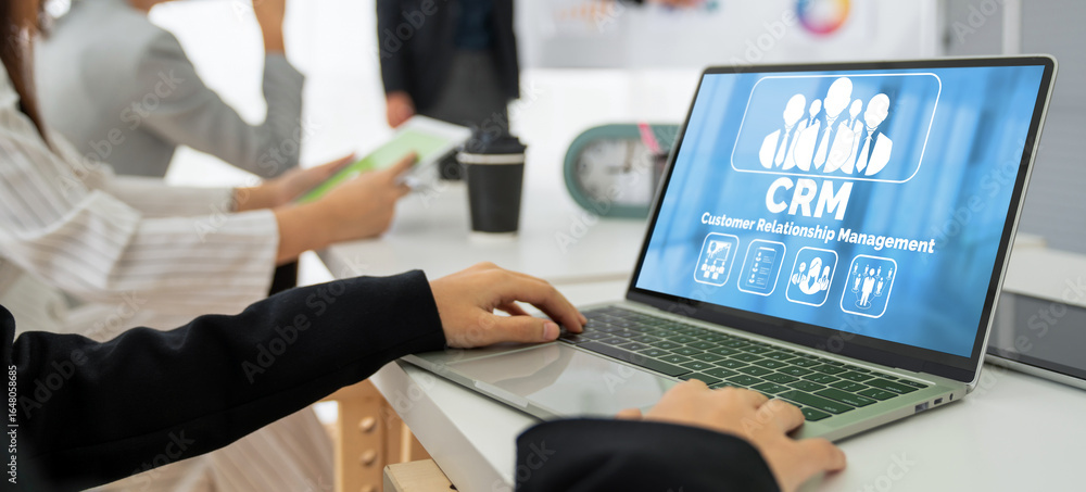 Poster customer relationship management system on modish computer for crm business and enterprise
