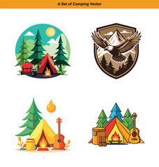 A set of camping vector illustrations with tents, eagle and guitars