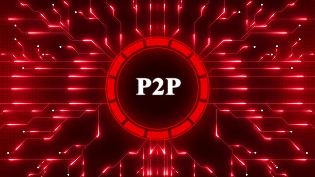 Businessman presses button with text P2P Peer-to-peer icon on virtual digital electronic user interface. Digital Data moving on Circuit Board and CPU . Computer Processing and organizing data.