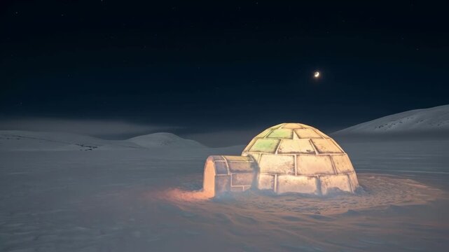 Igloo glowing in a dark snowy landscape under the moonlight
