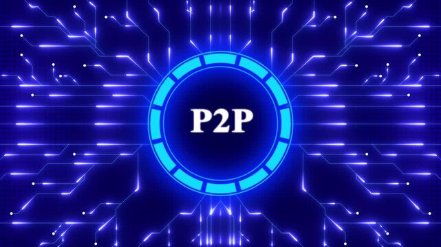 Businessman presses button with text P2P Peer-to-peer icon on virtual digital electronic user interface. Digital Data moving on Circuit Board and CPU . Computer Processing and organizing data.