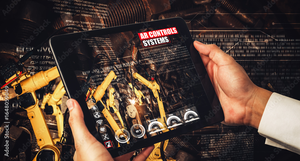 Poster engineer controls robotic arms by augmented reality industry technology application software. smart 