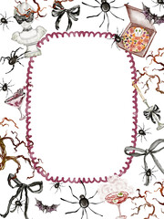 Vertical frame template for Halloween greeting, party flyer, poster, or brochure. Includes spooky bats, gothic branches, candles, cocktails, and pizza. Perfect for holiday celebration graphics.
