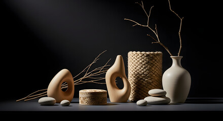 Still life arrangement featuring vases, stones, and branches against a dark background, showcasing neutral tones and minimalist design.