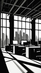 Modern office interior with large windows and city skyline view in black and white design