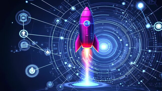 Futuristic rocket launch in a digital universe