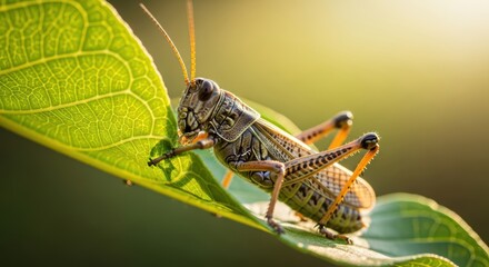 Close-up of grasshopper on leaf in sunlight