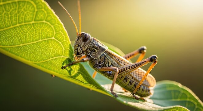 Close-up of grasshopper on leaf in sunlight