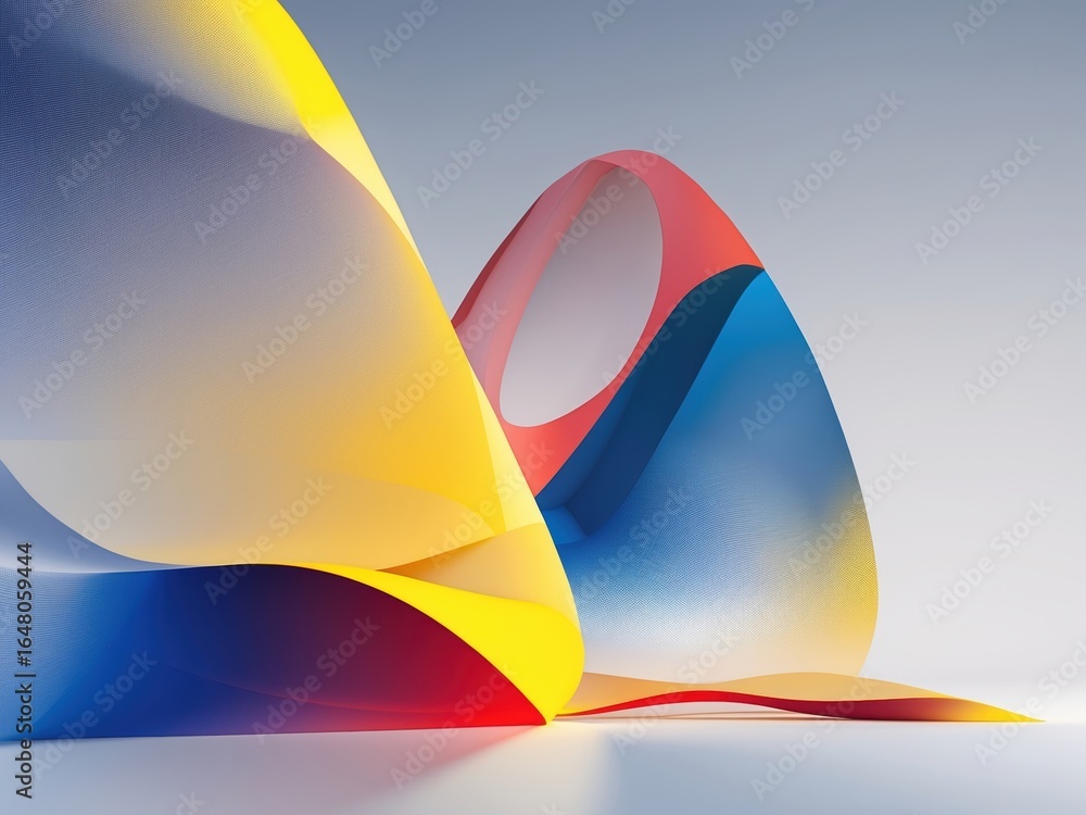 Poster abstract colorful 3d shapes with smooth curves in red, yellow, and blue tones on a gradient backgrou